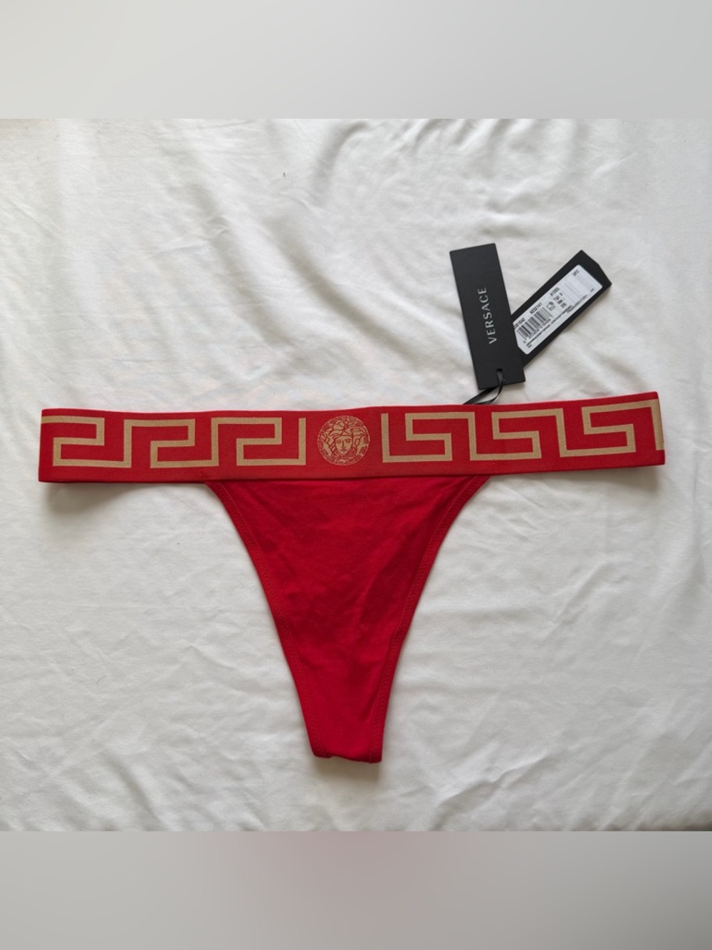 NEW NWT Versace Cotton Jersey Thong Topeka Greca Red sz 5 underwear panty $75